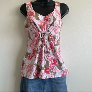 Tommy Bahama Floral Sleeveless Top XS Pink White Brown Drawstring Waist Cotton